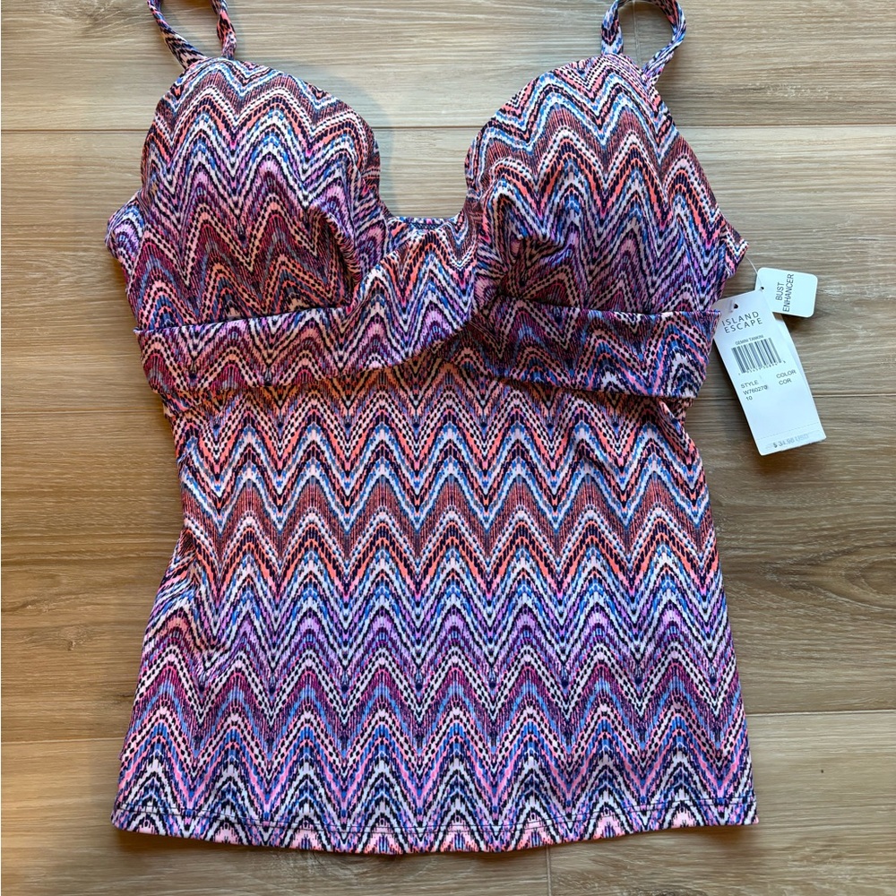 NWT Island Escape Swimsuit Tankini Top Size 10 Gemini Bust Enhancer Coral - Picture 3 of 5